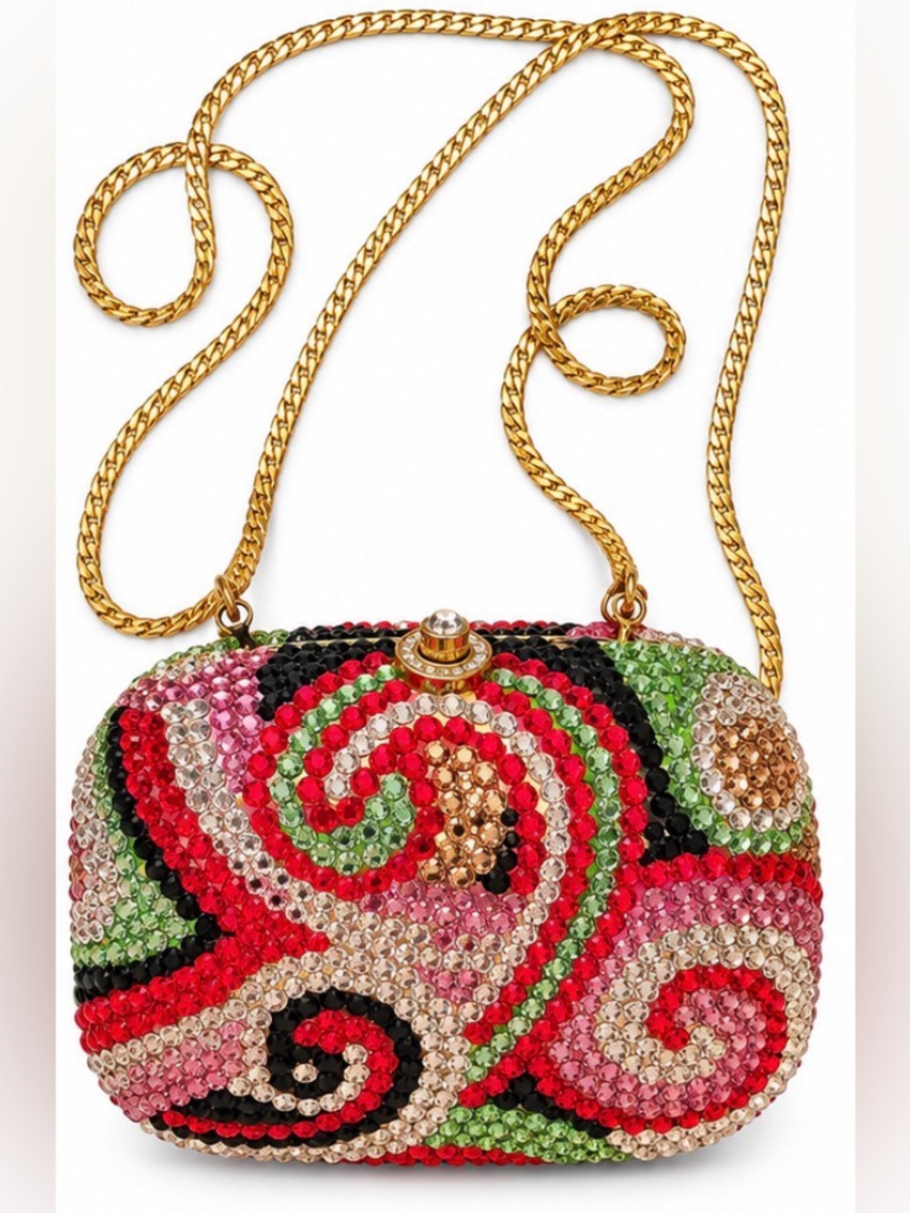 Jeweled Crystal Rhinestone Minaudière Clutch Multicolor Gold Chain